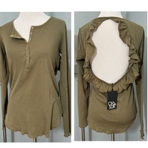 New Chaser Open Back Olive Green Henley Lettuce Trim Tee Shirt Long Sleeve